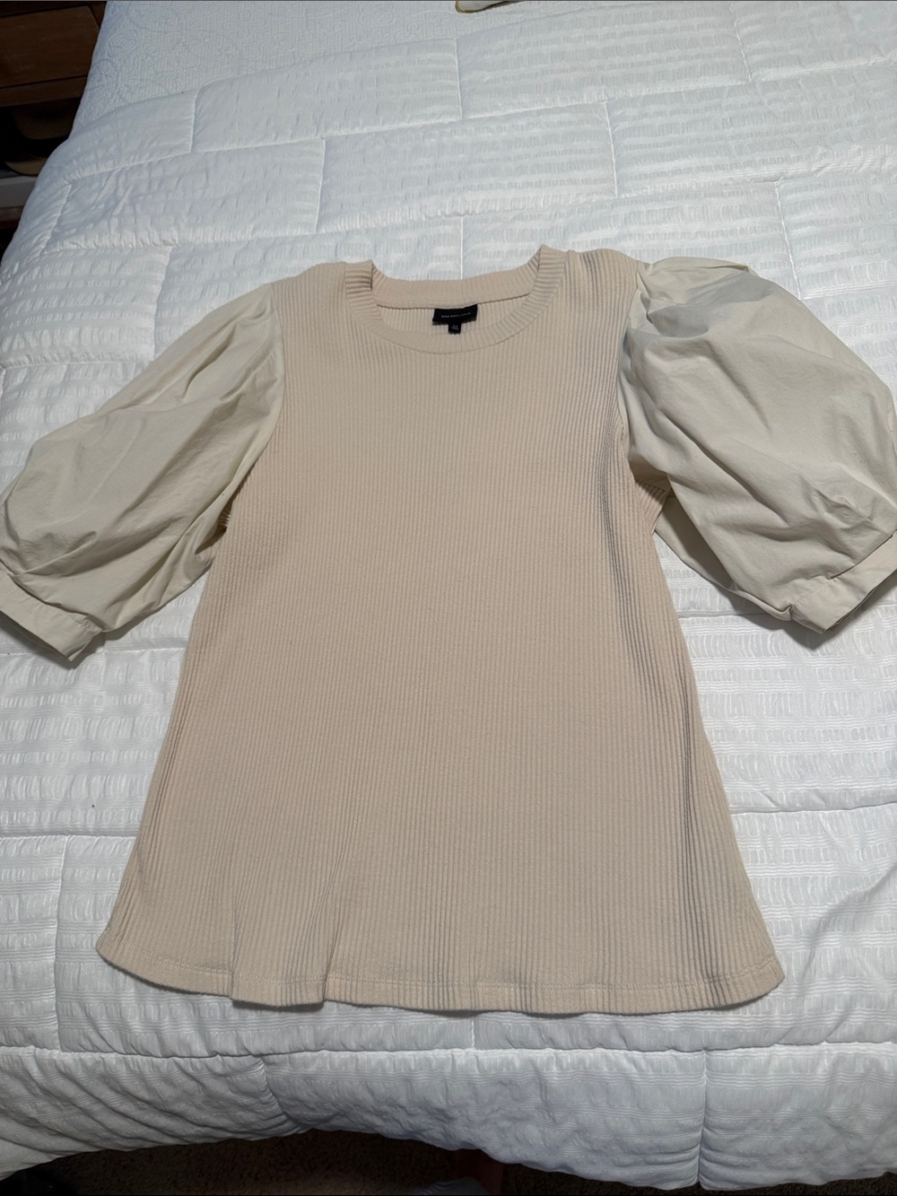Who What Wear Cream Ribbed Top with Puff Sleeves
